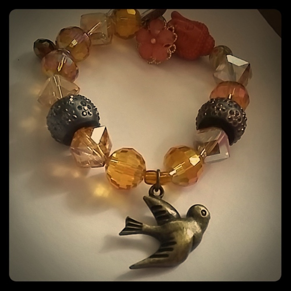 Amber, copper and orange glass Beaded Bracelet